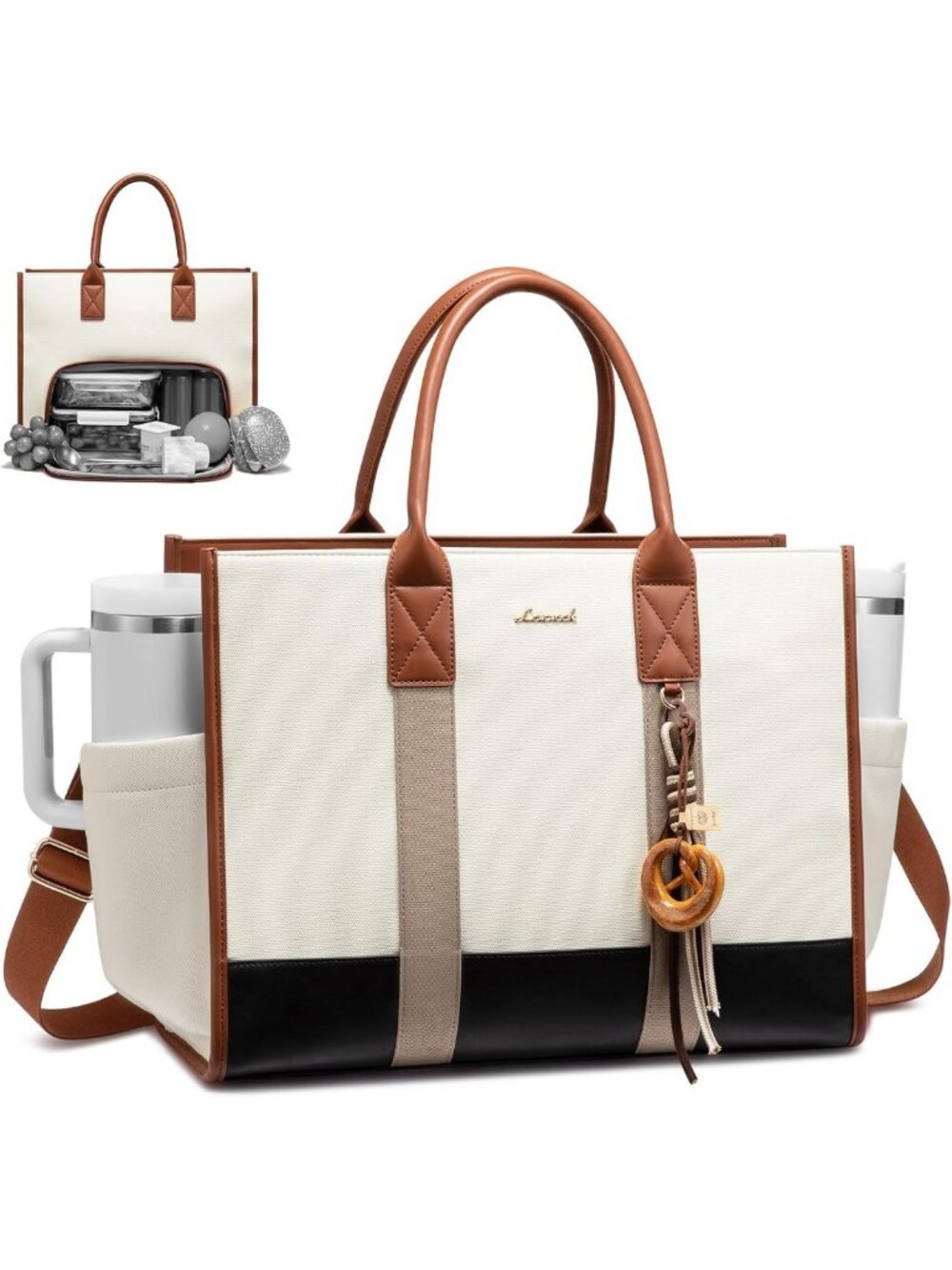 Stylish Waterproof Work Tote with Lunch Compartment & Tumbler Holder - Perfect